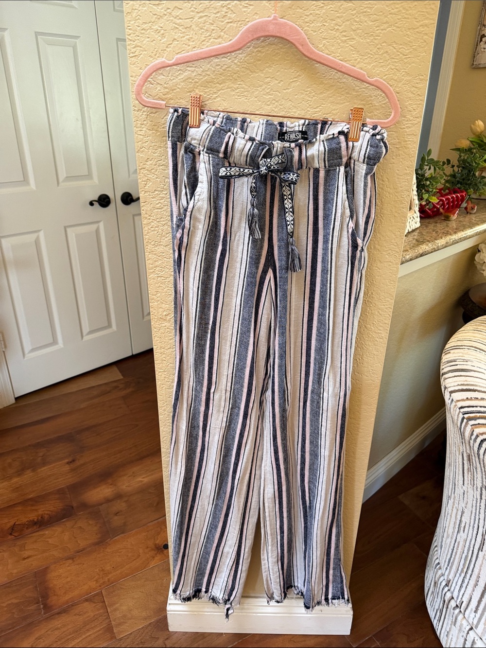 Rewash Striped Paperbag Wide-Leg Pants - Cream, Black & Pink